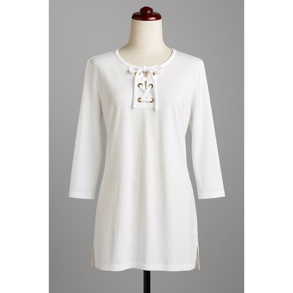 Michael Kors Tops - Michael Kors White Lace Up Tunic Top Large Gold Grommets 3/4 Sleeve Cotton Blend